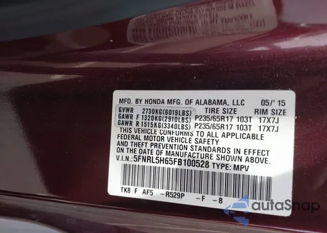 2015 Honda Odyssey Ex-L from USA, damaged, VIN 5FNRL5H65FB100528